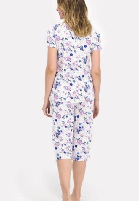 Pijama Dama Bumbac Mânecă Scurtă, Pantalon Trei Sferturi cu Dantelă Engros